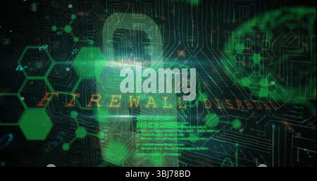Displaying security dashboard on screen, showing padlock icon with firewall disabled and code lines Stock Photo