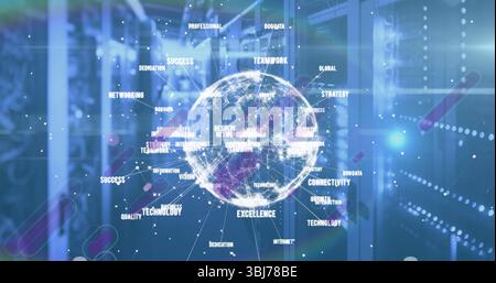 Projecting holographic network globe over server racks, cables in corridor, showing floating labels Stock Photo