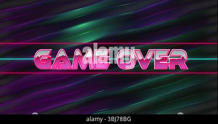 Displaying neon pink GAME OVER text over futuristic arcade background, with thin neon lines Stock Photo