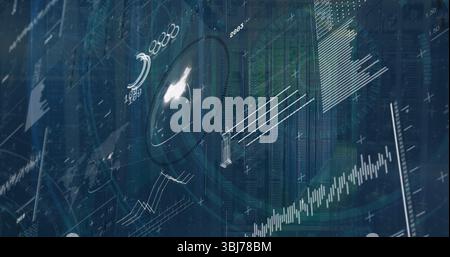 Displaying digital data interface on control hub display, with line graphs, bar charts, radar Stock Photo