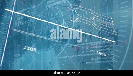 Displaying holographic interface on dashboard, showing graph and chart data, code and diagonal beam Stock Photo