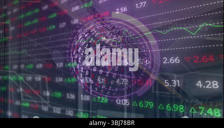 Displaying digital globe streaming binary code over corporate façade, with stock tickers Stock Photo