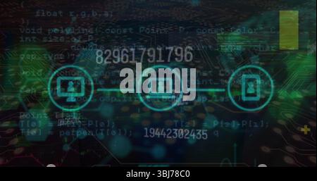 Displaying network connection linking device icons in circuitry, with code snippets, numeric data Stock Photo