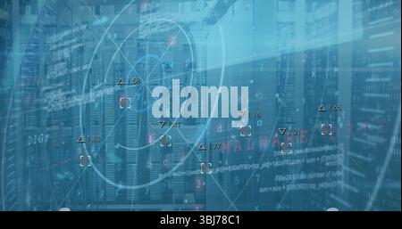 Monitoring server cabinets displaying digital overlay in data center, with malware alert text Stock Photo