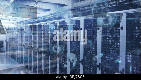 Displaying server cabinets glowing through mesh doors in data center aisle, with holographic icons Stock Photo