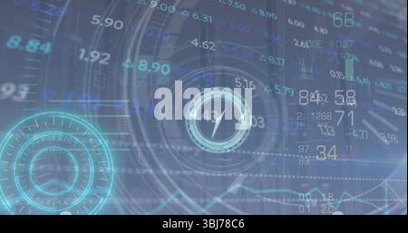 Displaying dashboard showing centered gauge on dark grid, with side gauge metrics arrows and graph Stock Photo