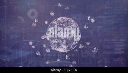 Displaying glowing network sphere with circular portraits wearing business attire in data dashboard Stock Photo