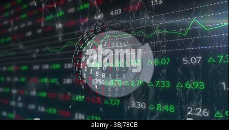 Rotating binary-digit globe on screen, showing code streams, price-triangles, green line graph Stock Photo
