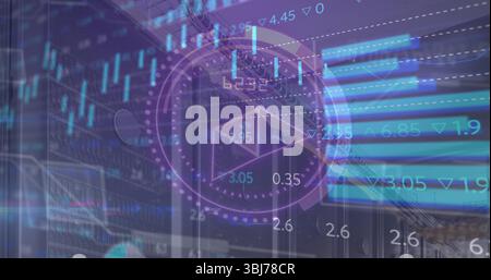 Displaying circular dashboard overlaying server racks, with candlestick, bar graphs in data center Stock Photo