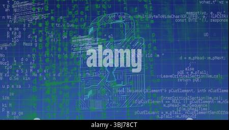 Displaying stylized padlock icon with keyhole on blue grid background, with floating code snippets Stock Photo