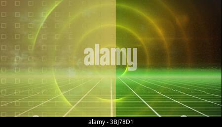 Featuring abstract grid in cyberspace, with concentric light rings and square outline pattern Stock Photo