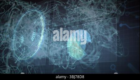 Displaying holographic circular chart floating with molecular wireframes on grid, with neon trails Stock Photo