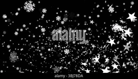 Swirling white snowflake icons and star shapes creating dynamic pattern on black background Stock Photo