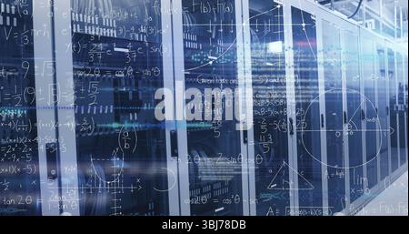 Showing central server racks displaying blinking LEDs in data center, with equation overlays Stock Photo