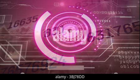 Displaying concentric gauge hovering over cloud backdrop with segmented arcs and numeric readouts Stock Photo