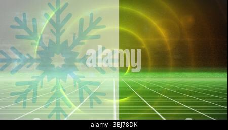 Projecting translucent aqua snowflake over sci-fi plane with neon green grid floor and golden rings Stock Photo