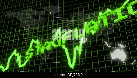 Displaying green jagged line chart with 3D STAGFLATION in green trading grid, world map overlay Stock Photo