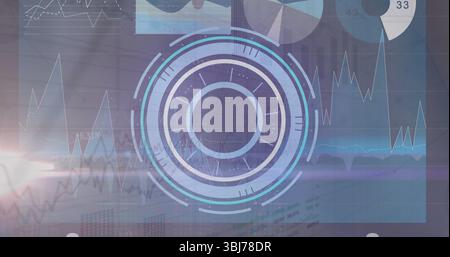Displaying central concentric HUD graphic over virtual interface, with line charts and lens flare Stock Photo