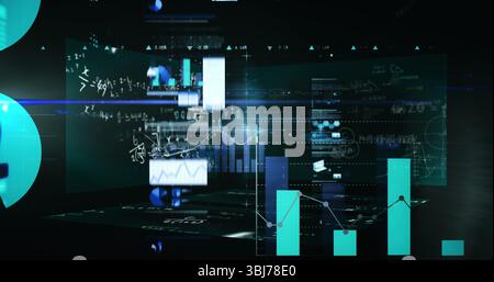 Displaying holographic bar graphs featuring line chart in virtual dashboard with numeric equations Stock Photo