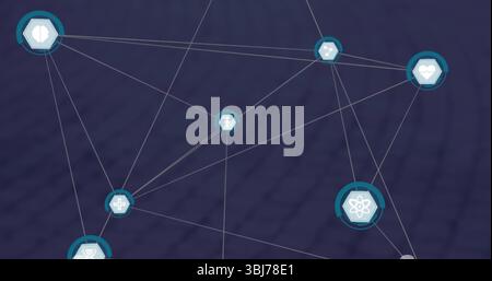 Displaying network extending on purple grid with hexagon science, health and navigation icons Stock Photo