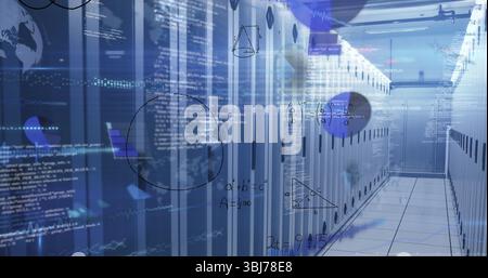 Streaming code overlays hovering over server racks in data center corridor, analytics visualization Stock Photo