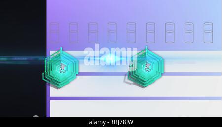 Displaying two radar charts in dashboard with blue lens flare, glitch streaks and outline icons Stock Photo
