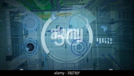 Displaying rack-mounted servers with glowing 5G holographic gauges in data center, circuit overlay Stock Photo