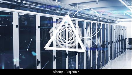 Showcasing server racks with glass doors lining floor in data center, with cable trays and overlays Stock Photo