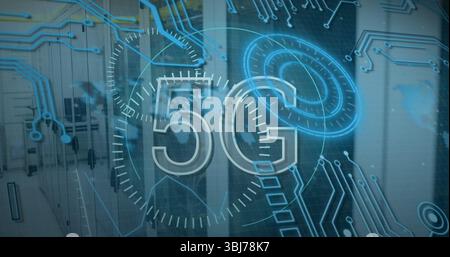 Displaying transparent 5G text over blurred office corridor with blue circuits, rings, clock dials Stock Photo