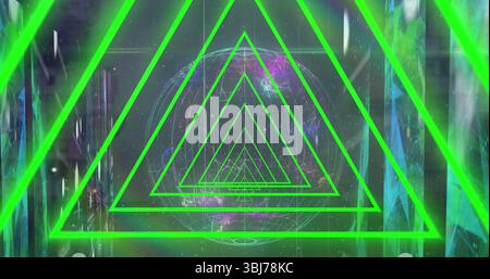 Displaying nested neon green frames receding in data tunnel with wireframe globe, reflective panels Stock Photo