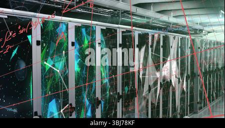 Displaying server rack cabinets glowing green in server room, with cable trays, floating red grid Stock Photo