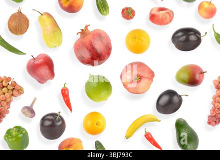 Seamless pattern bright appetizing fruits and vegetables with light shadow on white background. Stock Photo