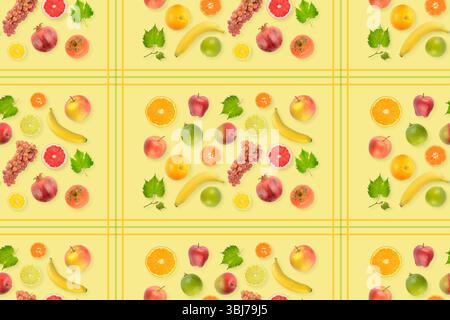Seamless pattern of bright and fresh fruits with light shadow on yellow background. Stock Photo