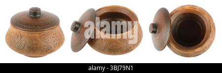 Collection of ceramic pans from different angles isolated on white background. Stock Photo