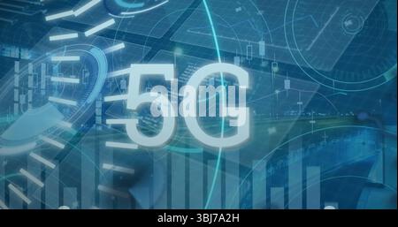 Image of 5g text banner, round scanners and data processing against night city traffic Stock Photo