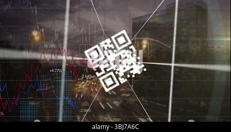 Displaying white QR code icon overlaying city street at night, with red and blue line graphs Stock Photo