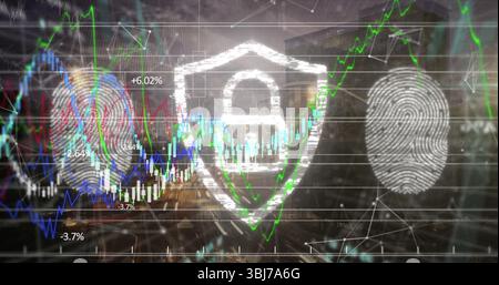 Displaying padlock shield icon securing bank data over skyline, fingerprint outlines, stock charts Stock Photo