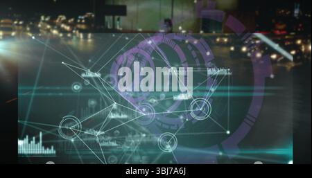 Projecting digital interface overlay over nighttime urban boulevard, with holographic network nodes Stock Photo