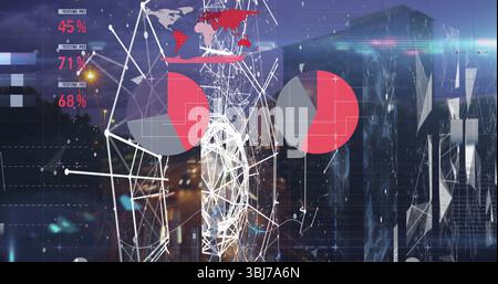 Displaying central wireframe globe over night city skyline, with pie charts, world map and overlays Stock Photo