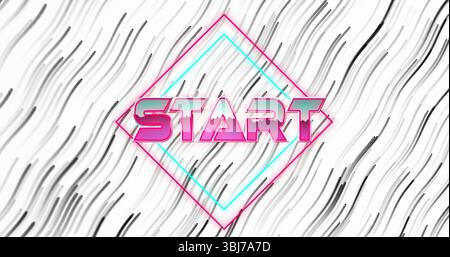 Displaying pink START inside cyan magenta diamond outline on wavy backdrop with retro gaming theme Stock Photo