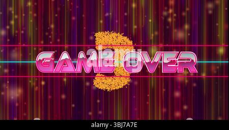 Displaying neon pink GAME OVER text over golden particles in digital scene with magenta cyan lines Stock Photo