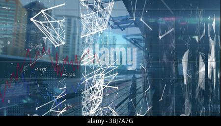 Displaying white mesh network floating in atrium corridor, with metal columns and red-blue charts Stock Photo