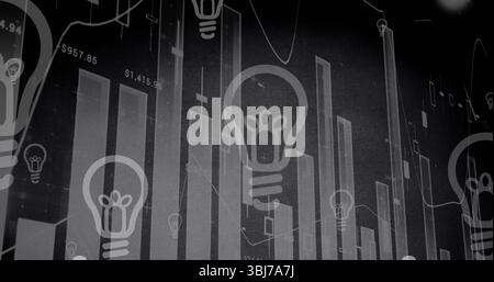 Displaying central lightbulb icon glowing over finance dashboard, with chart elements and labels Stock Photo