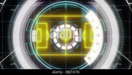 Displaying glowing circular lens with rings and yellow cyan segments on digital interface grid Stock Photo