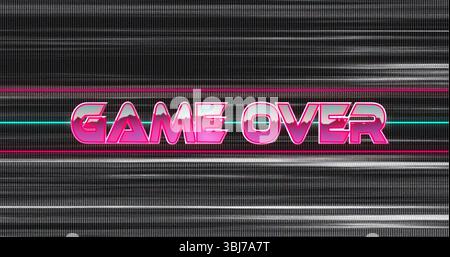 Displaying 3D GAME OVER text on game screen, with glitchy static and neon magenta cyan lines Stock Photo