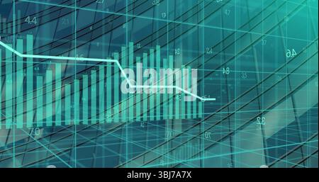 Displaying bar chart showing teal bars and white line plot on digital screen, with circular marker Stock Photo