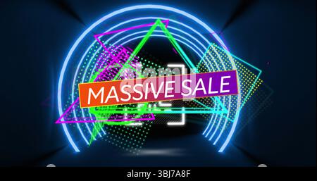 Displaying MASSIVE SALE banner on virtual stage, with glowing neon geometric shapes Stock Photo
