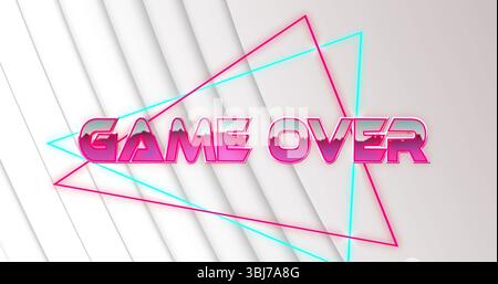 Displaying glossy pink GAME OVER text over abstract design, with overlapping neon triangles Stock Photo