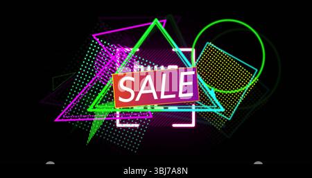 Displaying gradient badge reading SALE on online ad banner, with neon triangles squares circles Stock Photo