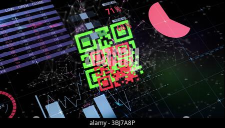 Displaying neon green and red QR code graphic floating over dark grid, with pink pie segment Stock Photo